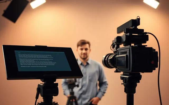 Teleprompter zamontowany przed kamerą